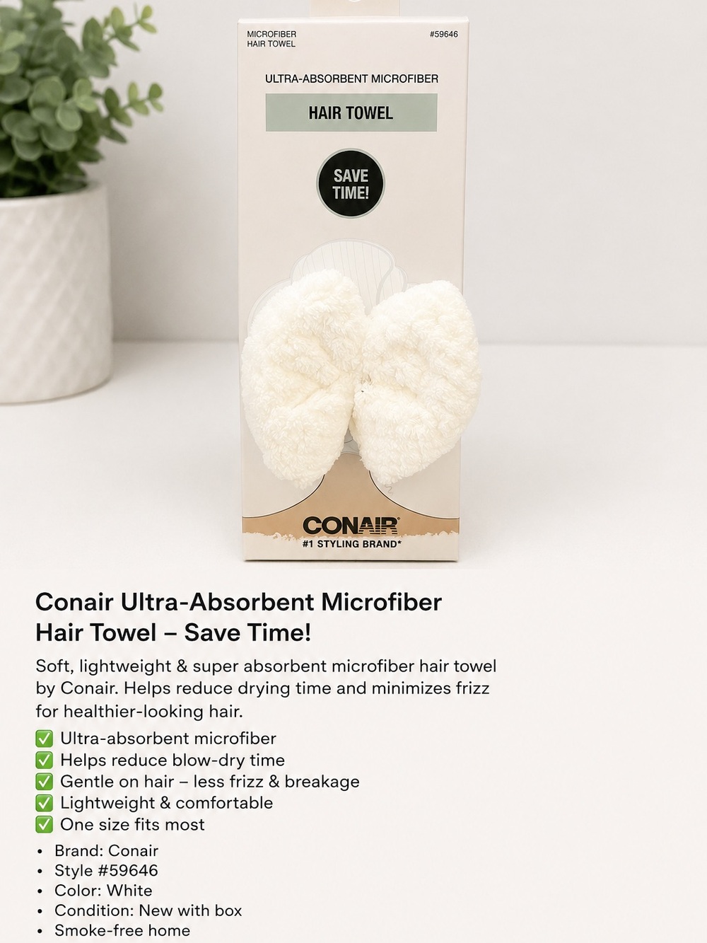 Conair Ultra-Absorbent Microfiber Hair Towel - White